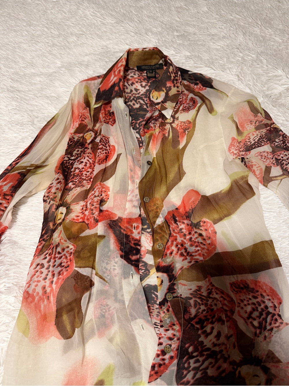 Roberto Cavalli Sheer Floral Button-Down in Coral, Olive & Cream